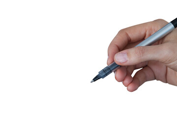 Human hand holding pen against white background