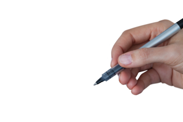 Human hand holding pen against white background