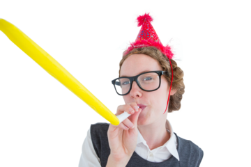 Geeky hipster wearing a party hat wig blowing party horn