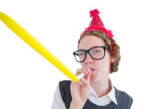 Geeky hipster wearing a party hat wig blowing party horn