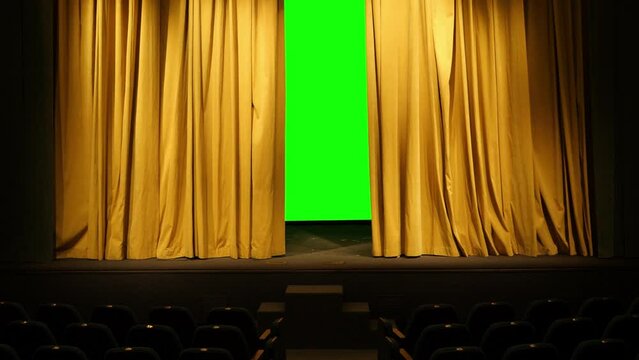 a juicy mustard-colored theatrical curtain in the auditorium moves to the side behind it a green background. Overall plan.