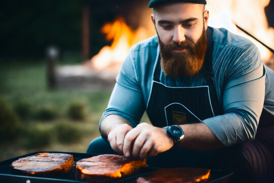 Professional Brutal Chef With A Fancy Beard And Leather Apron Grills. Generative AI