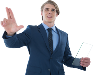 Businessman holding glass interface while touching imaginary screen