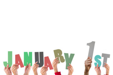 Colorful alphabet spelling January 1st held up by people 