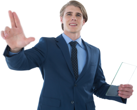Businessman holding glass interface while touching imaginary screen