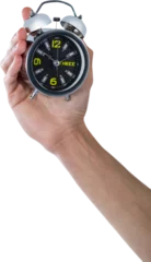 Gordijnen Cropped hand of man holding alarm clock © vectorfusionart
