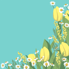 Spring background with yellow tulips, mimosa and daisies. Flowers background for design.