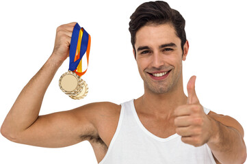 Athlete posing with gold medals