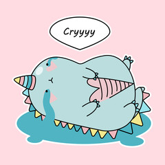 DinoCorn,dinosaur unicorn.Cute cartoon dragon.Dinosaur unicorn sticker CRY.Unicorn or dinosaur hand drawn vector