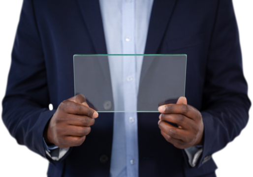 Mid section of businessman with glass interface