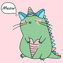 DinoCorn,dinosaur unicorn.Cute cartoon dragon.Dinosaur unicorn sticker MEOW.Unicorn or dinosaur hand drawn vector