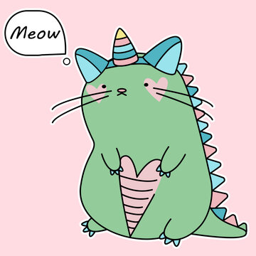 DinoCorn,dinosaur unicorn.Cute cartoon dragon.Dinosaur unicorn sticker MEOW.Unicorn or dinosaur hand drawn vector