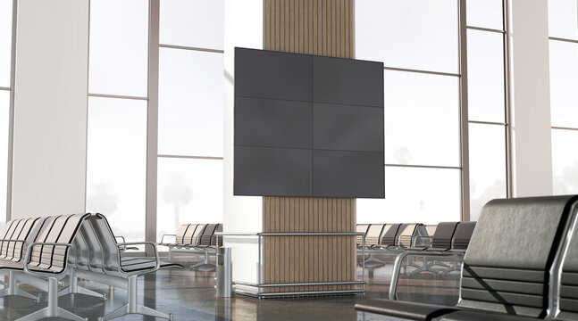 Blank black led display in airport lounge mockup, side view