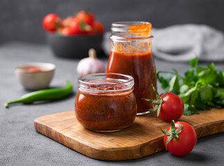 Tomato paste of hot pepper marinara with garlic, tomatoes and herbs in jars on a wooden board on a dark background.