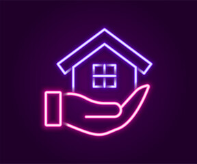 Glowing neon line House in hand icon isolated on black background. Insurance concept. Security, safety, protection, protect concept. Colorful outline concept. Vector