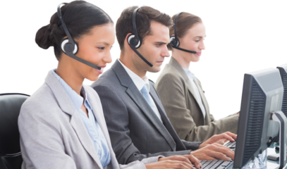 Business people with headsets using computers 