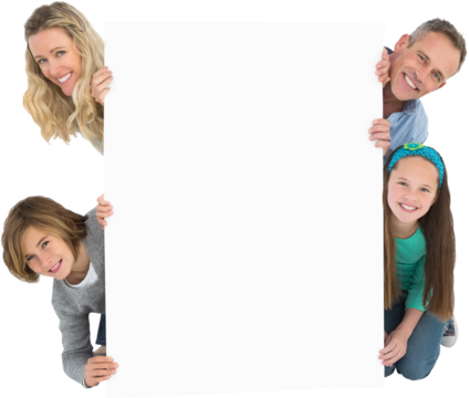 Family holding blank billboard and peeking