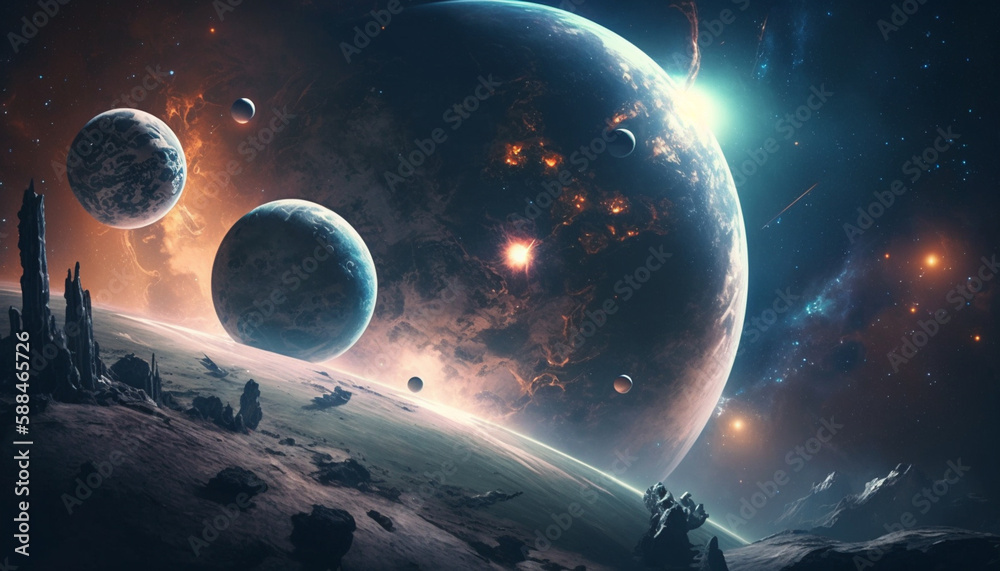 Wall mural different planets in the galaxy, view from space, generative ai