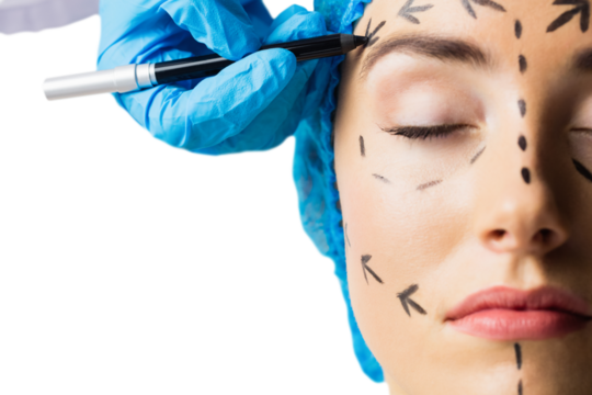 Peaceful young patient with dotted lines on the face