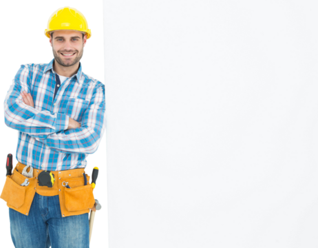 Confident repairman leaning on blank billboard - Powered by Adobe