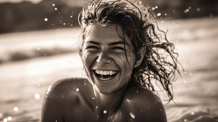 Joyful Liberation: A Woman with Brown Hair Leaps from the Sea, Her Hair Aflutter with Droplets, Her Laughter Echoing - Generative AI