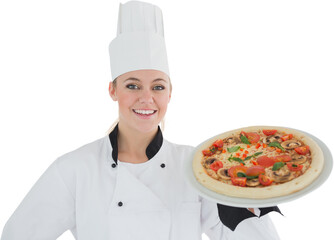 Portrait of a woman chef holding a pizza
