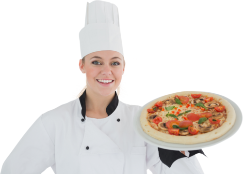 Portrait of a woman chef holding a pizza