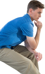 Man in blue shirt with hand on chin
