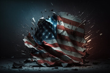 American or the united states flag ripped destroyed or broken. Usa flag war disaster or decline concept. Patriotic american or patriotism being attacked destruction or collapse concept. Ai generated