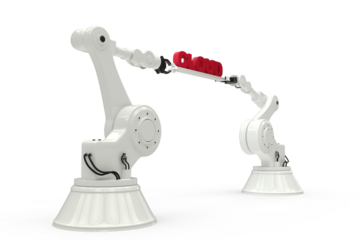 Computer generated image of mechanical robotic hands holding red cloud text