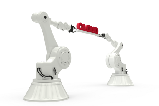 Computer generated image of mechanical robotic hands holding red cloud text