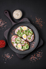 Delicious sandwich or bruschetta with cream cheese radish and green onions