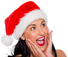 Surprised woman wearing santa hat