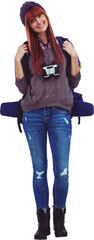Obraz premium Smiling woman is standing and holding binoculars and backpack