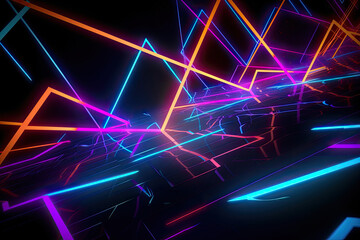 "Neon Geometric Landscapes: Modern Drawing of Lines, Triangles, Mountains, and Pyramids on Black Background for Futuristic Stock Photos