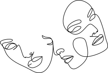 Abstract faces line vector illustration. Minimalistic art male and female. Black and white. White background. One line drawing.