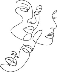 Abstract faces line vector illustration. Minimalistic art male and female. Black and white. White background. One line drawing.