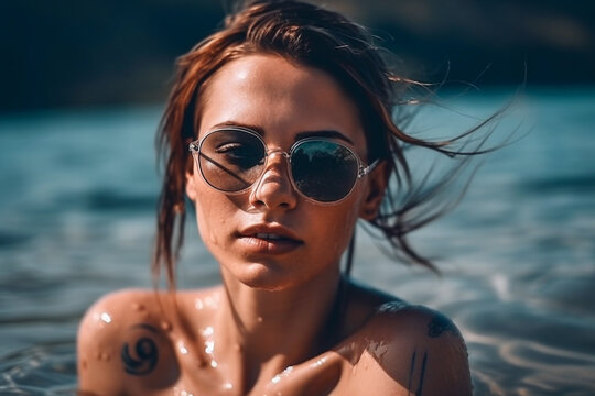 Close up of a beautiful young girl with sunglasses at the beach - Ai generative