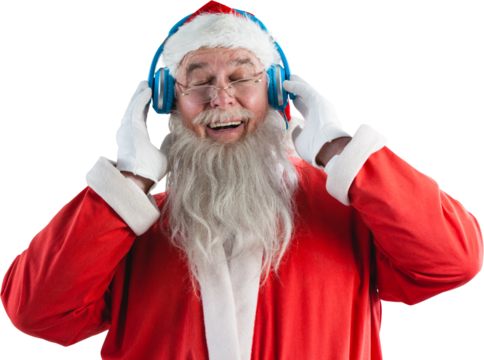 Santa Claus listening music on headphones