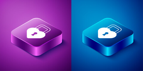 Isometric Castle in the shape of a heart icon isolated on blue and purple background. Locked Heart. Love symbol and keyhole sign. Happy Valentines day. Square button. Vector