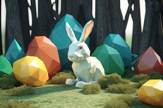 Blue Plastic Hare Figurine on Easter Eggs with Generative Graphics