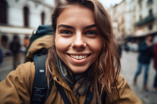 Happy female tourist with backpack taking selfie picture with smartphone in the city - Ai generative