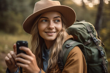 Young girl tourist travels backpacking and taking souvenir photographs with smartphone - Ai generative