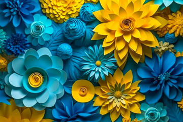 Background of fabulous blue and yellow paper flowers. Patriotic colors of the Ukrainian flag.