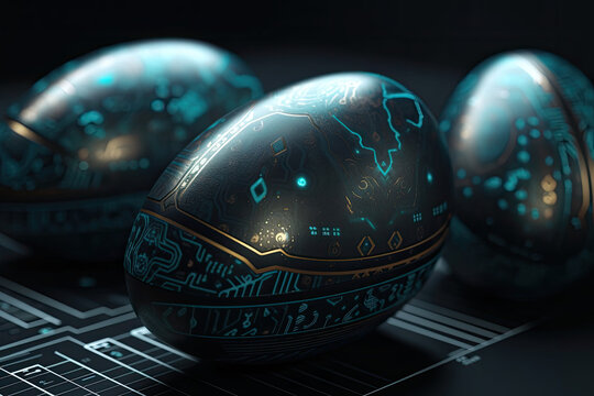 Future-Themed Easter Eggs Stock Photos: Dark Eggs with Luminous High-Tech Decor and Generative Graphics for Futuristic Projects, on a Stunning Background Image