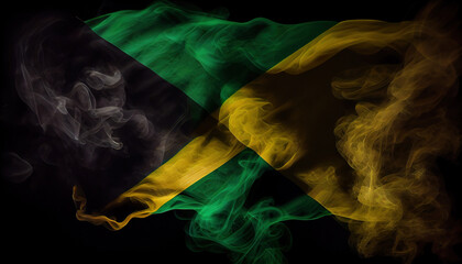 Country Flag of Jamaica Creatively By Surrounded White Smoke Wind on Dark Backdrop AI Generative