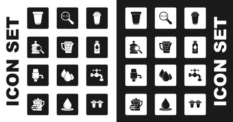 Set Water filter cartridge, jug with, Big bottle clean water, Bottle of, Chemical formula for H2O, tap and Mechanical pump icon. Vector