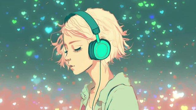 Pastel Lofi Style Beautiful Anime Girl Listening and Nodding to Music with Headphones & Floating Glitter Hearts. Looping. Animated Dynamic Background / Wallpaper. Vtuber / VJ Backdrop. Seamless Loop.
