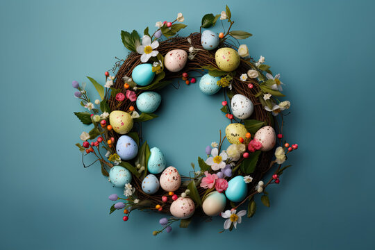 Blue Easter Wreath with Eggs Stock Photos: Generative Graphics and Easter Decor on Blue Background, Perfect for Handmade Projects