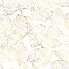 Golden Ginkgo Biloba leaves background. Luxury floral art line. Gold leaves natural pattern.